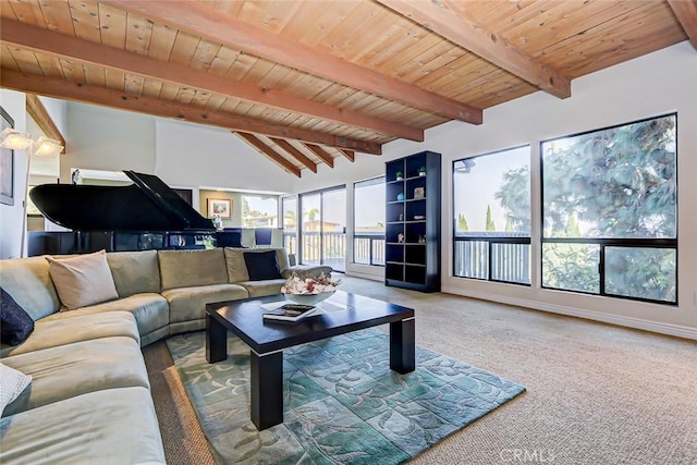 living room with wooden ceiling, carpet, and lofted ceiling with beams