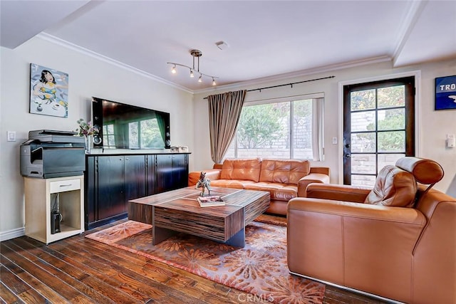 living room featuring dark wood-type flooring and ornamental molding