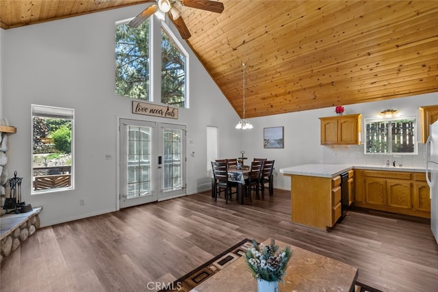 kitchen with dark hardwood / wood-style floors, kitchen peninsula, high vaulted ceiling, and wooden ceiling