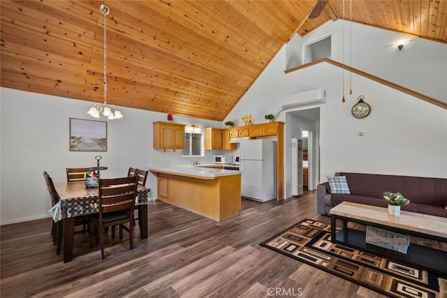 interior space featuring high vaulted ceiling, beamed ceiling, wood ceiling, dark hardwood / wood-style flooring, and a chandelier