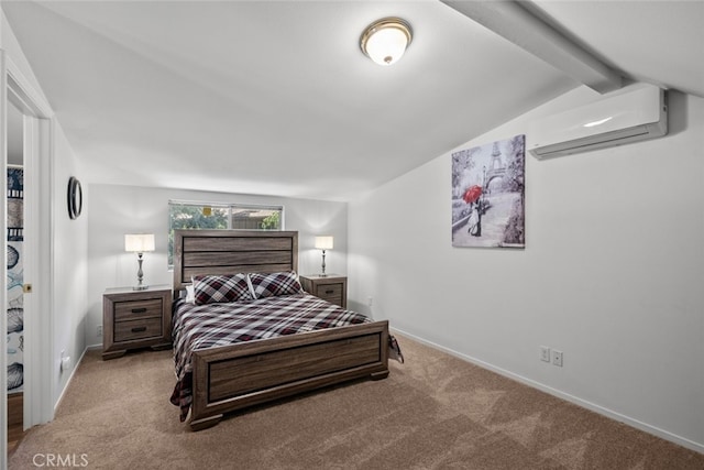 carpeted bedroom featuring a wall unit AC and vaulted ceiling with beams