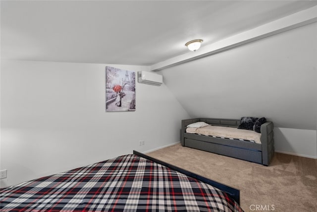 carpeted bedroom featuring an AC wall unit and lofted ceiling