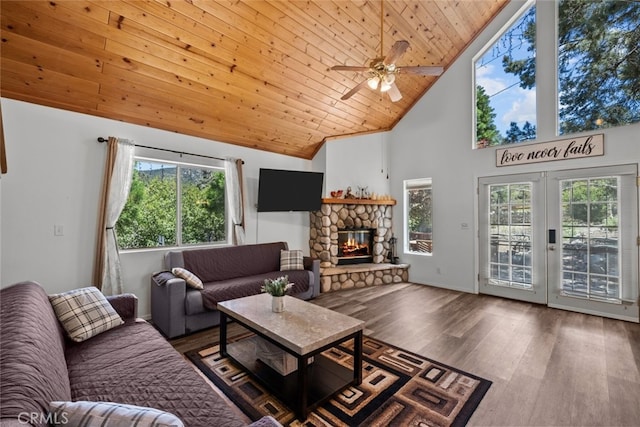 living room with high vaulted ceiling, ceiling fan, wooden ceiling, dark hardwood / wood-style flooring, and a fireplace