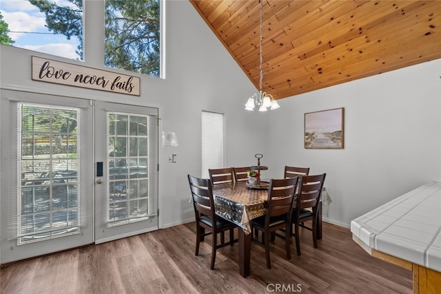 dining space with wood-type flooring, wood ceiling, a chandelier, and high vaulted ceiling