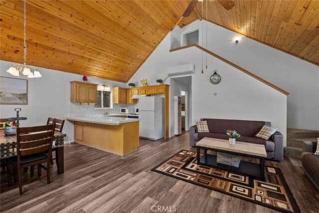 14329 Voltaire Dr, Pine Mountain Club, CA 93225 - living room featuring high vaulted ceiling, ceiling fan with notable chandelier, wooden ceiling, a wall unit AC, and dark wood-style floors