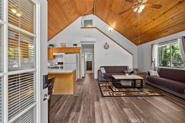 living room featuring high vaulted ceiling, ceiling fan, dark wood-type flooring, and wooden ceiling