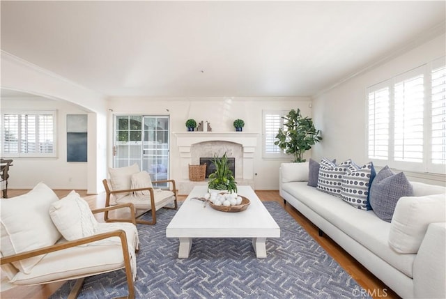 living room featuring crown molding, a healthy amount of sunlight, and dark wood-type flooring