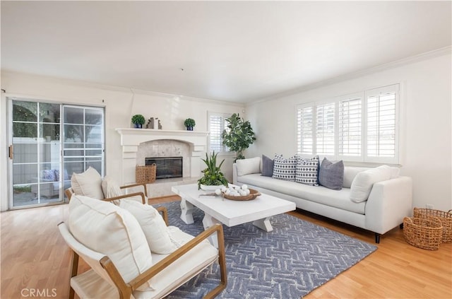 living room with wood-type flooring, ornamental molding, and a premium fireplace