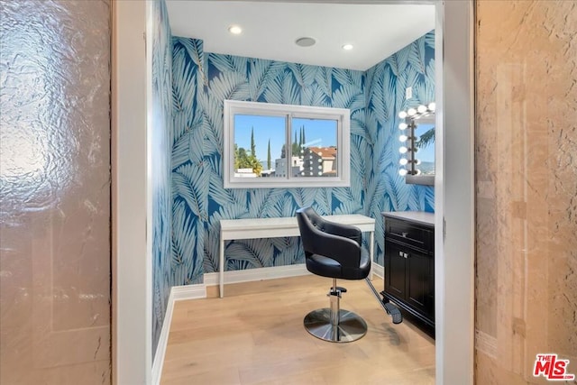 office area with light hardwood / wood-style flooring