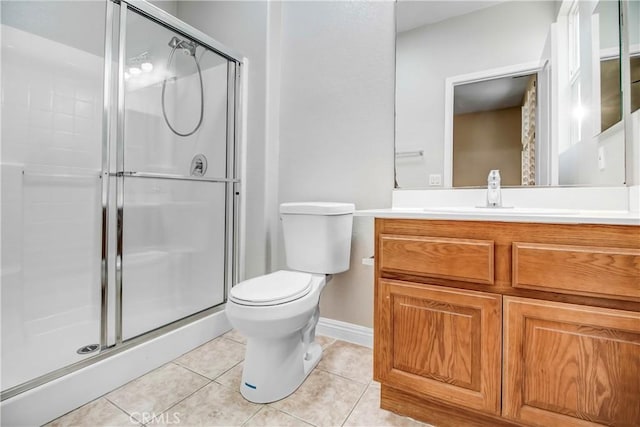 bathroom with tile patterned flooring, vanity, an enclosed shower, and toilet