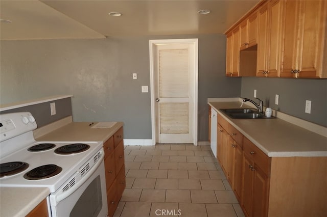 kitchen with light tile patterned flooring, sink, and white electric stove