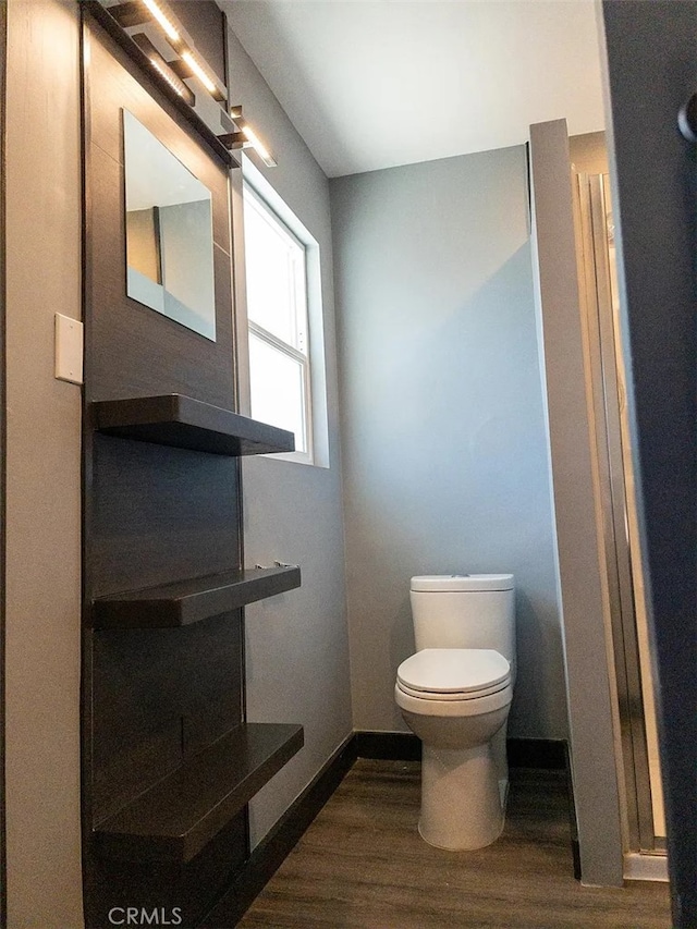 bathroom with vanity, hardwood / wood-style floors, and toilet