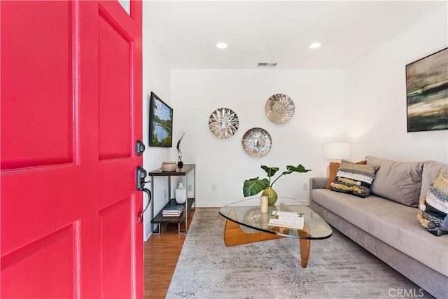 living room with dark wood-type flooring