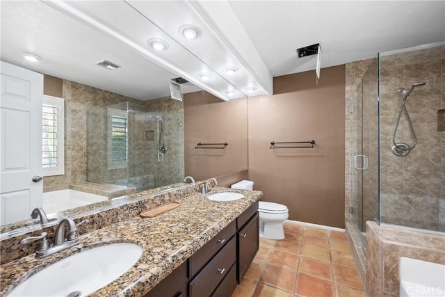 full bathroom with vanity, tile patterned floors, independent shower and bath, and toilet