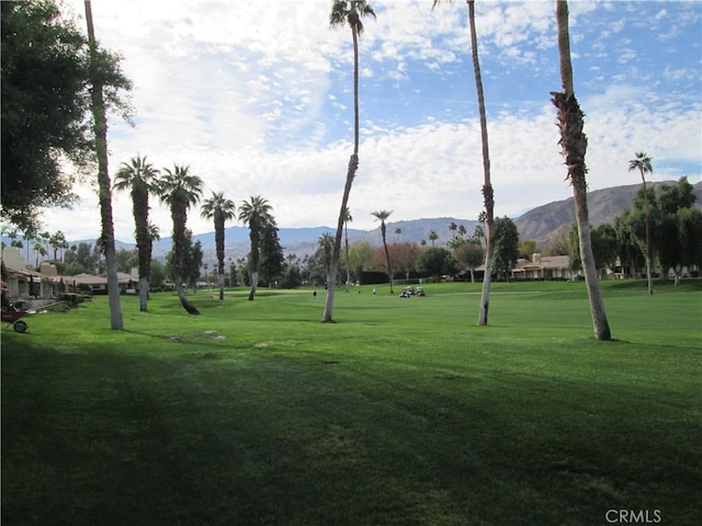 view of property's community with a mountain view and a yard