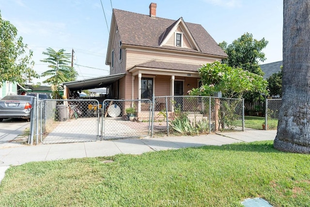 view of front facade with a carport and a front lawn