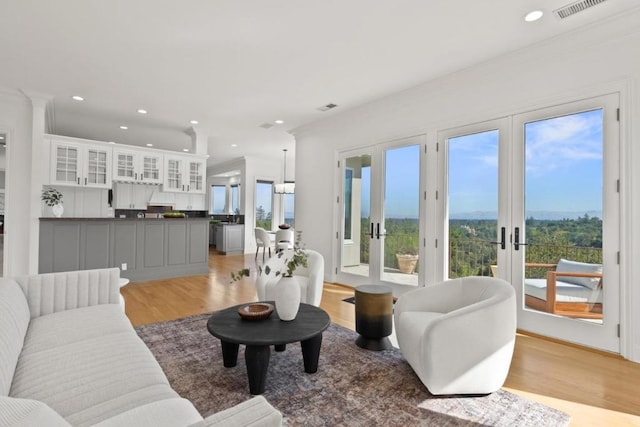 living room featuring a wealth of natural light, light wood-type flooring, and french doors