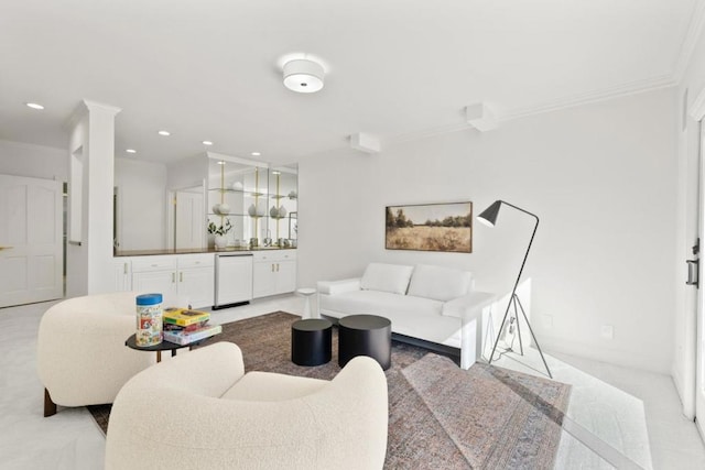 carpeted living room with ornamental molding