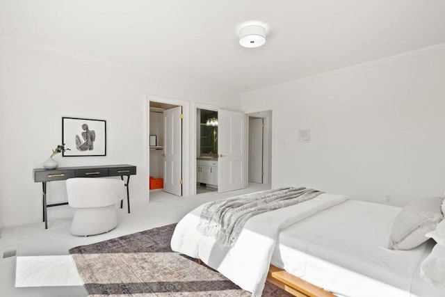 carpeted bedroom featuring ornamental molding