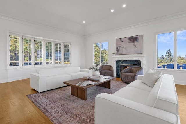 living room featuring crown molding, plenty of natural light, a fireplace, and light hardwood / wood-style flooring