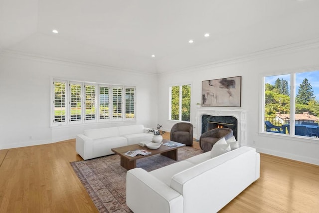 living room with ornamental molding, a high end fireplace, and light hardwood / wood-style flooring