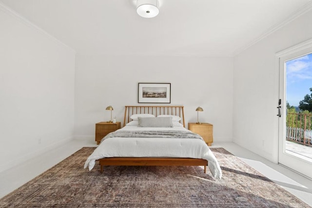 bedroom featuring crown molding, light colored carpet, and access to exterior