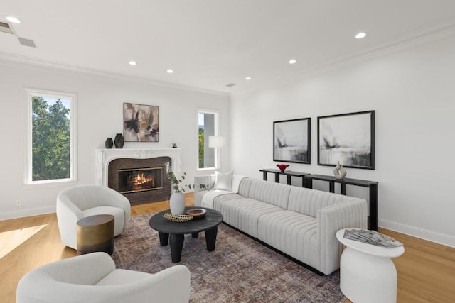 living room featuring hardwood / wood-style flooring, a fireplace, and crown molding