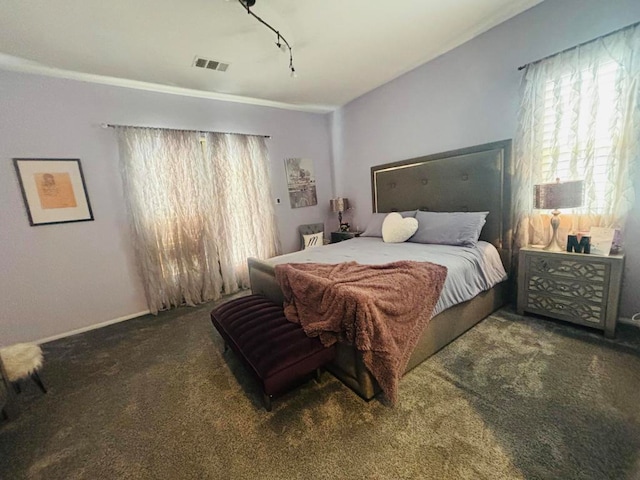 carpeted bedroom with rail lighting