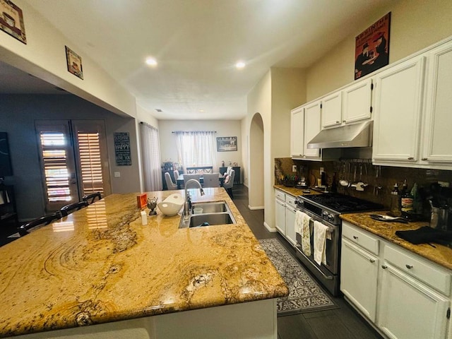 kitchen with black range with gas stovetop, a center island with sink, sink, light stone counters, and backsplash