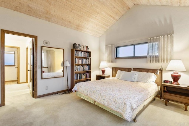 bedroom with vaulted ceiling, wooden ceiling, and light colored carpet