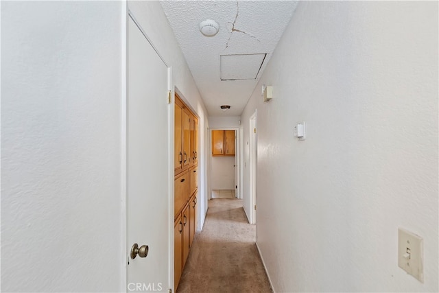 hallway featuring light colored carpet and a textured ceiling