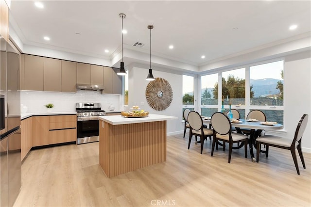 kitchen with a mountain view, a center island, appliances with stainless steel finishes, decorative light fixtures, and light hardwood / wood-style floors