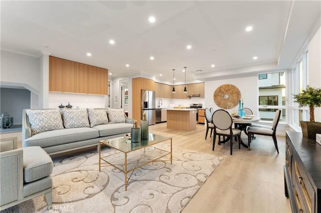 living room featuring light wood-type flooring and ornamental molding