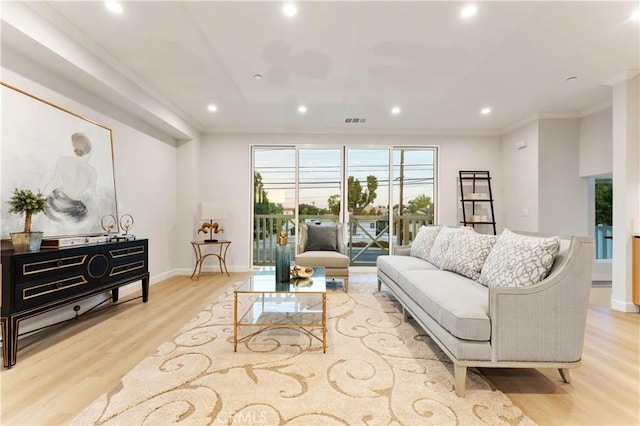 living room featuring light hardwood / wood-style floors and ornamental molding