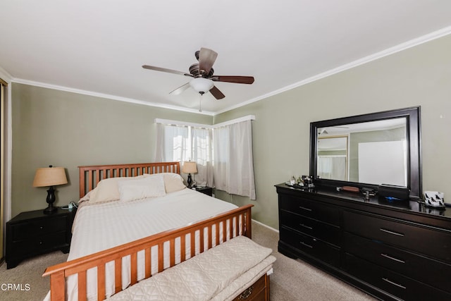 bedroom with ceiling fan, light colored carpet, and crown molding