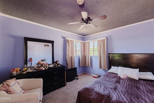 carpeted bedroom featuring ornamental molding, a textured ceiling, and ceiling fan