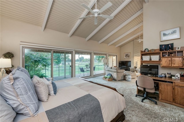 bedroom featuring access to outside, high vaulted ceiling, beam ceiling, and ceiling fan