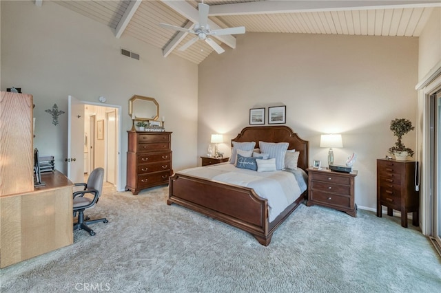 carpeted bedroom featuring high vaulted ceiling, beamed ceiling, ceiling fan, and wood ceiling