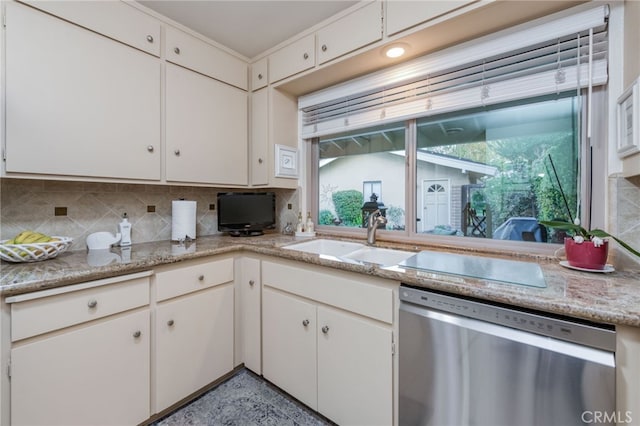 kitchen with white cabinets, sink, decorative backsplash, and stainless steel dishwasher