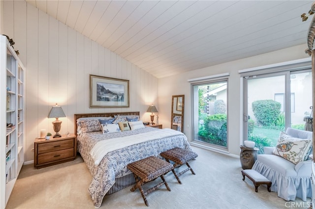 bedroom with light carpet, vaulted ceiling, and wooden ceiling