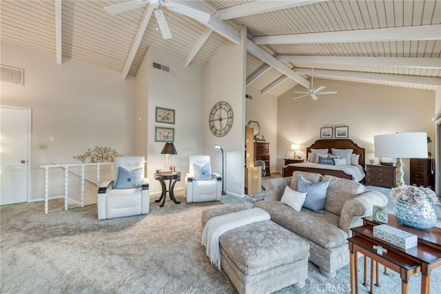 carpeted bedroom featuring high vaulted ceiling, beamed ceiling, and ceiling fan