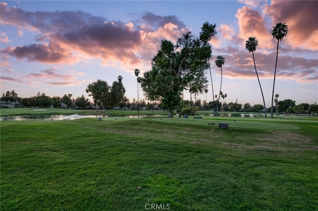 view of home's community with a lawn and a water view