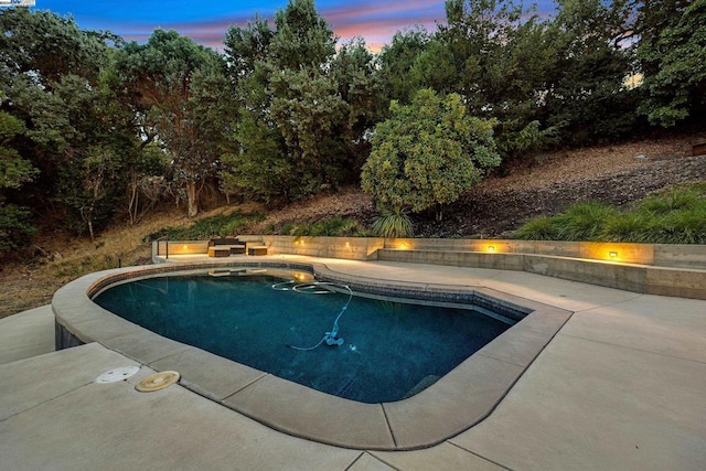 pool at dusk featuring a patio