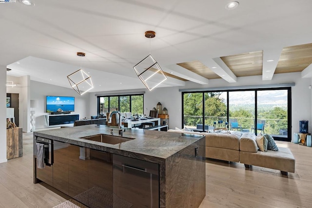 kitchen featuring pendant lighting, sink, plenty of natural light, a spacious island, and light wood-type flooring