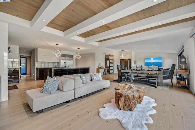 living room with wood ceiling, beamed ceiling, and light wood-type flooring