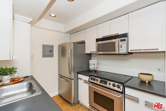 kitchen with electric panel, sink, white cabinets, and appliances with stainless steel finishes