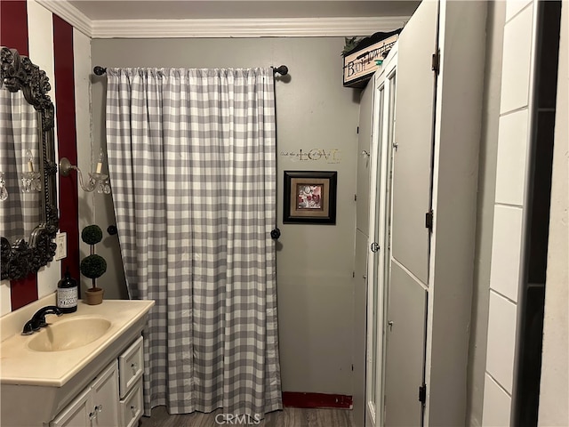 bathroom featuring vanity, ornamental molding, and wood-type flooring