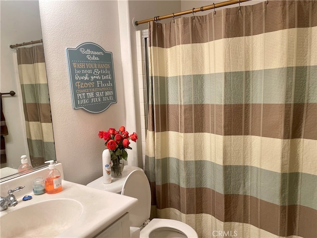 bathroom featuring vanity, toilet, and a shower with shower curtain