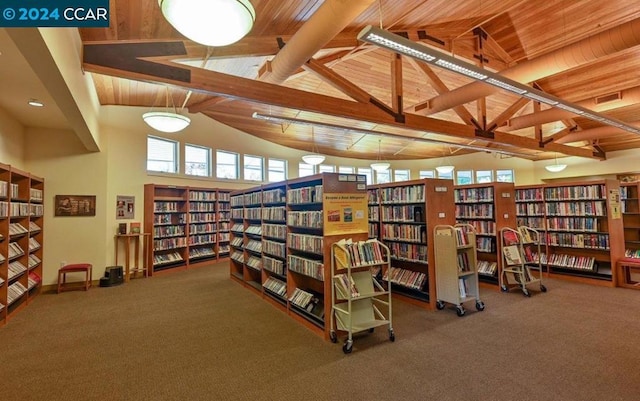 interior space with beamed ceiling, carpet, and wooden ceiling