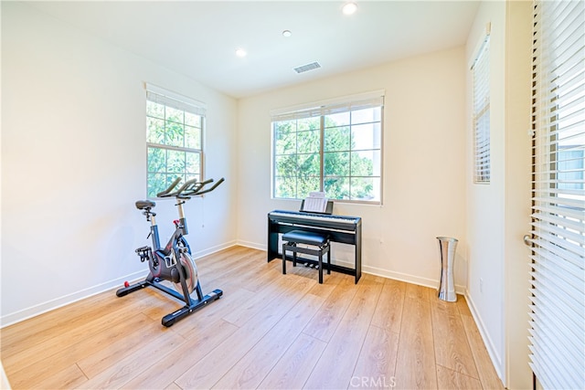 workout area featuring light wood-type flooring